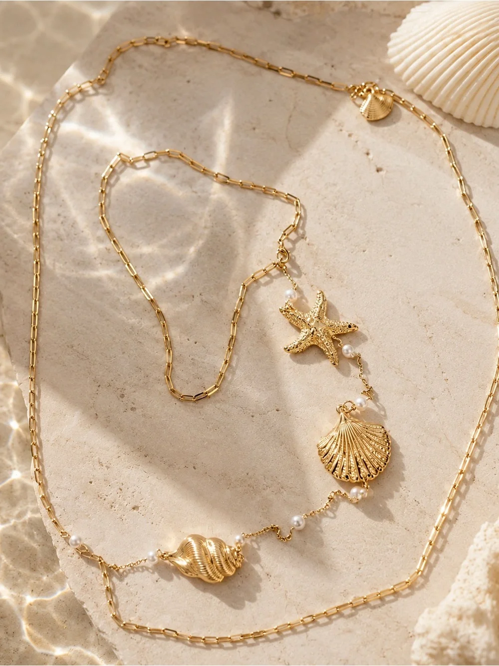 Anthropologie Gold Seashell & Starfish Back Necklace